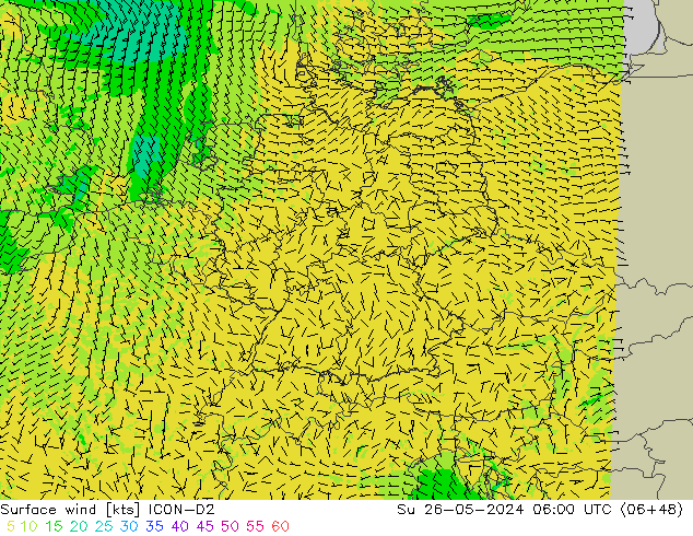 Surface wind ICON-D2 Su 26.05.2024 06 UTC