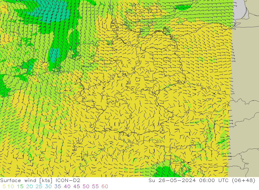 Surface wind ICON-D2 Ne 26.05.2024 06 UTC