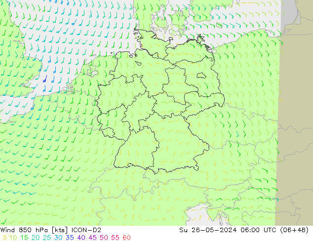 Wind 850 hPa ICON-D2 Ne 26.05.2024 06 UTC