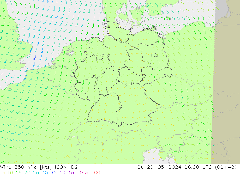 Wind 850 hPa ICON-D2 Su 26.05.2024 06 UTC