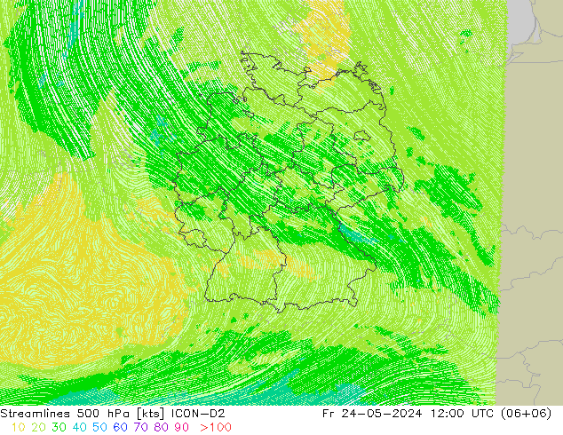 Stromlinien 500 hPa ICON-D2 Fr 24.05.2024 12 UTC