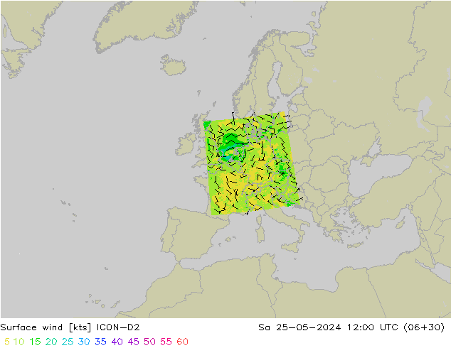Vento 10 m ICON-D2 Sáb 25.05.2024 12 UTC