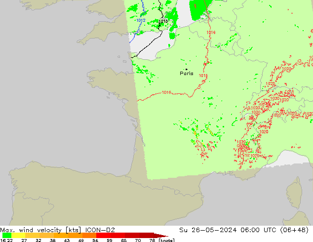 Max. wind velocity ICON-D2 Su 26.05.2024 06 UTC