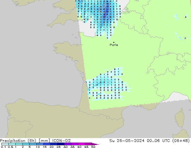 Precipitation (6h) ICON-D2 Ne 26.05.2024 06 UTC