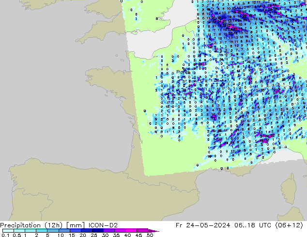 Précipitation (12h) ICON-D2 ven 24.05.2024 18 UTC