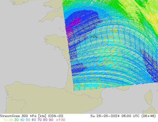 Linea di flusso 300 hPa ICON-D2 dom 26.05.2024 06 UTC