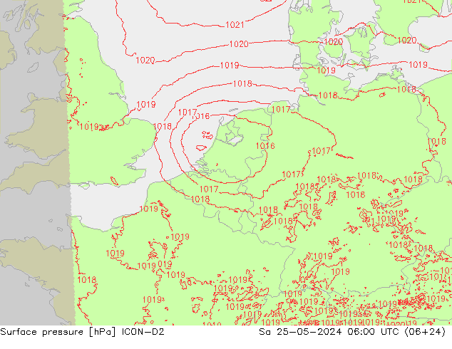 Pressione al suolo ICON-D2 sab 25.05.2024 06 UTC