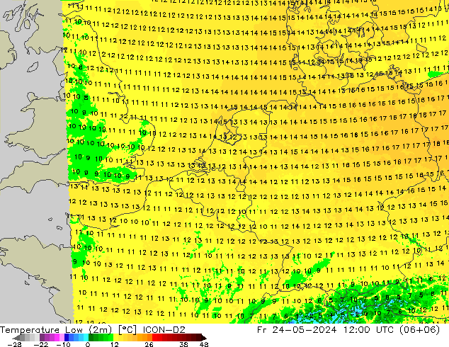 Temperatura mín. (2m) ICON-D2 vie 24.05.2024 12 UTC