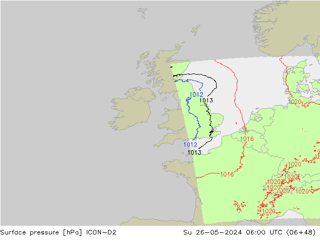 Presión superficial ICON-D2 dom 26.05.2024 06 UTC