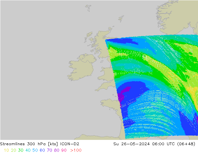 Linia prądu 300 hPa ICON-D2 nie. 26.05.2024 06 UTC