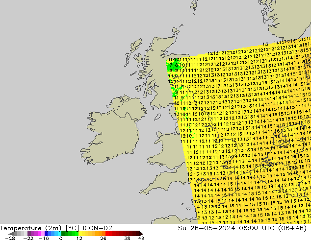 Temperatura (2m) ICON-D2 dom 26.05.2024 06 UTC