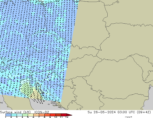 Surface wind (bft) ICON-D2 Ne 26.05.2024 03 UTC