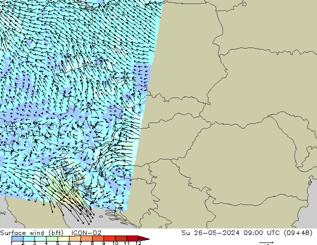 Surface wind (bft) ICON-D2 Su 26.05.2024 09 UTC