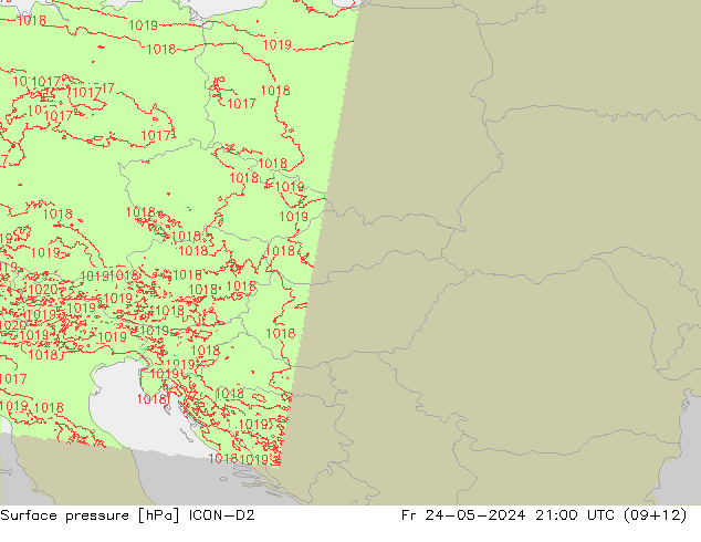 Atmosférický tlak ICON-D2 Pá 24.05.2024 21 UTC