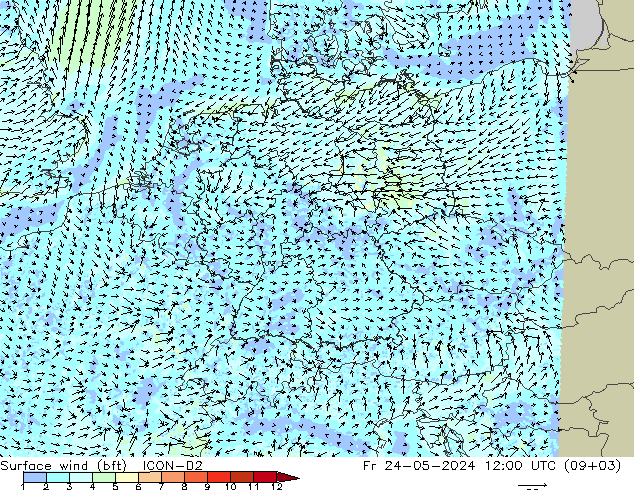 Surface wind (bft) ICON-D2 Fr 24.05.2024 12 UTC