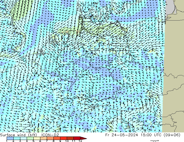 Viento 10 m (bft) ICON-D2 vie 24.05.2024 15 UTC