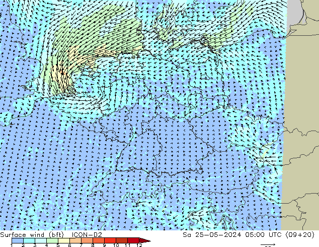 Surface wind (bft) ICON-D2 Sa 25.05.2024 05 UTC