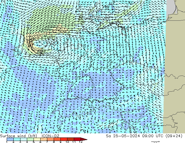 Surface wind (bft) ICON-D2 Sa 25.05.2024 09 UTC