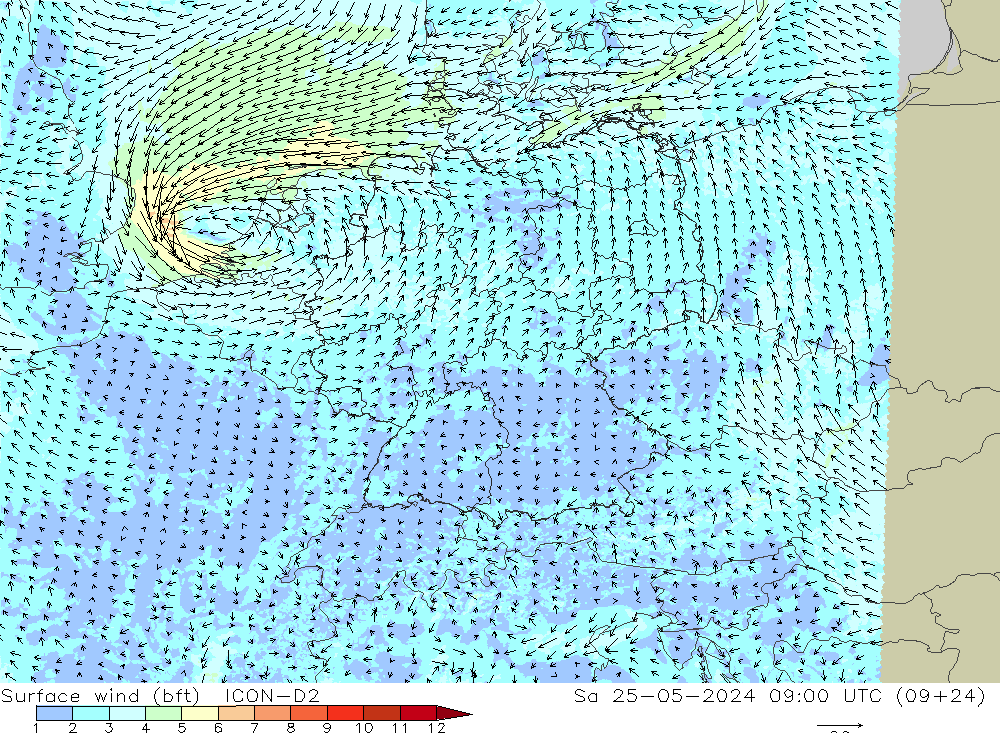 Surface wind (bft) ICON-D2 Sa 25.05.2024 09 UTC