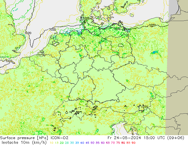 Isotachen (km/h) ICON-D2 Fr 24.05.2024 15 UTC