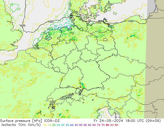 Isotachs (kph) ICON-D2 Fr 24.05.2024 18 UTC