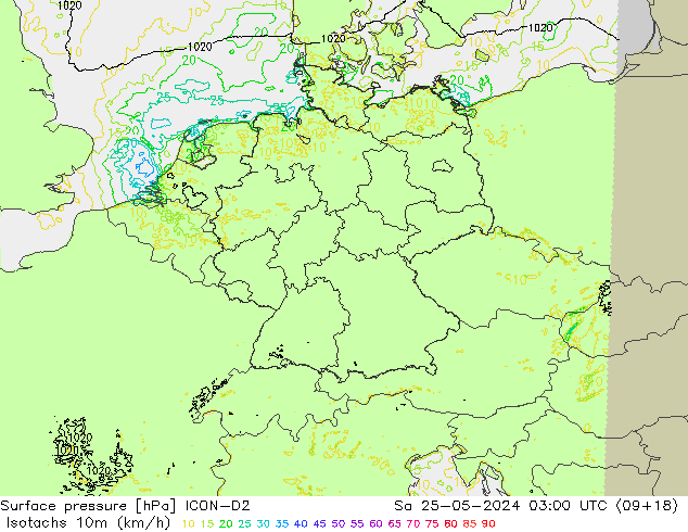 Eşrüzgar Hızları (km/sa) ICON-D2 Cts 25.05.2024 03 UTC