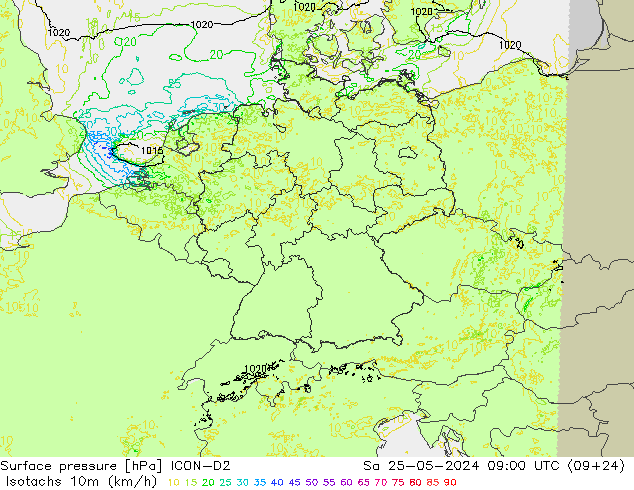 Isotachen (km/h) ICON-D2 Sa 25.05.2024 09 UTC