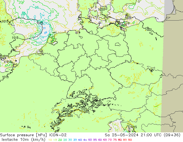 Isotachs (kph) ICON-D2 Sa 25.05.2024 21 UTC