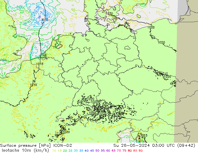 Isotachs (kph) ICON-D2 Вс 26.05.2024 03 UTC