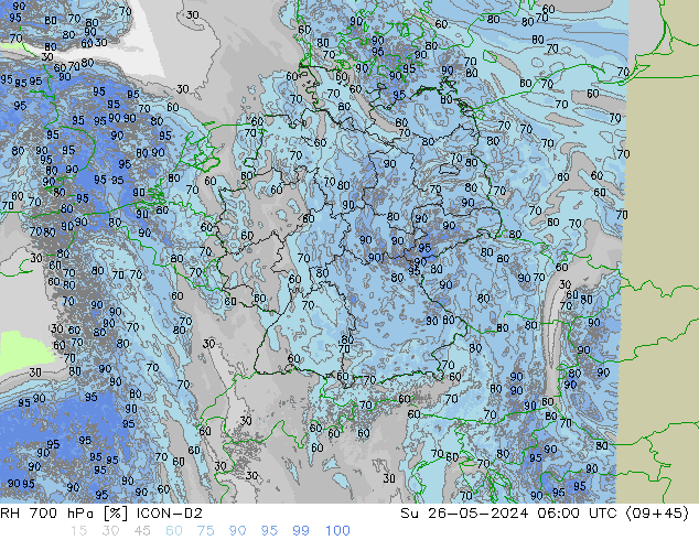 Humidité rel. 700 hPa ICON-D2 dim 26.05.2024 06 UTC