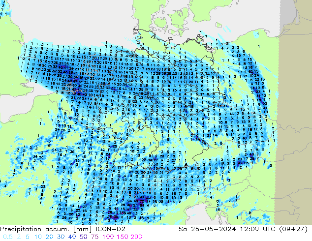 Precipitation accum. ICON-D2  25.05.2024 12 UTC