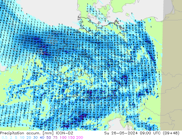 Precipitation accum. ICON-D2 Dom 26.05.2024 09 UTC