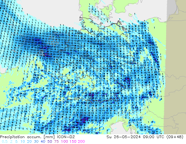 Precipitation accum. ICON-D2 Su 26.05.2024 09 UTC