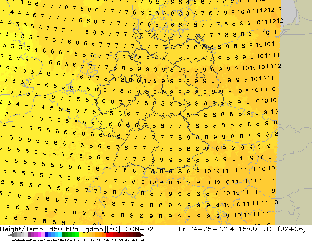 Height/Temp. 850 hPa ICON-D2 Fr 24.05.2024 15 UTC