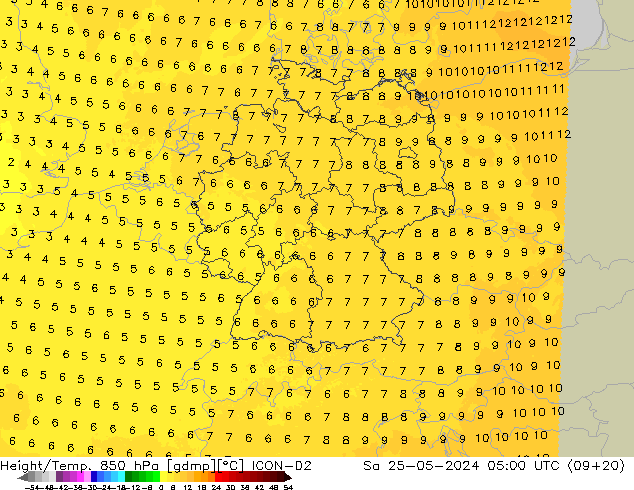 Height/Temp. 850 hPa ICON-D2 Sa 25.05.2024 05 UTC