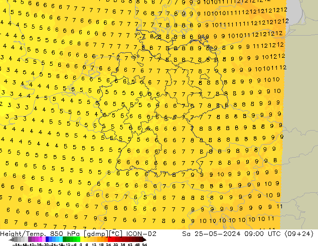 Height/Temp. 850 hPa ICON-D2 Sa 25.05.2024 09 UTC