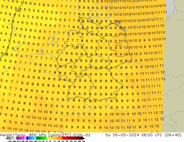 Height/Temp. 850 hPa ICON-D2  26.05.2024 06 UTC