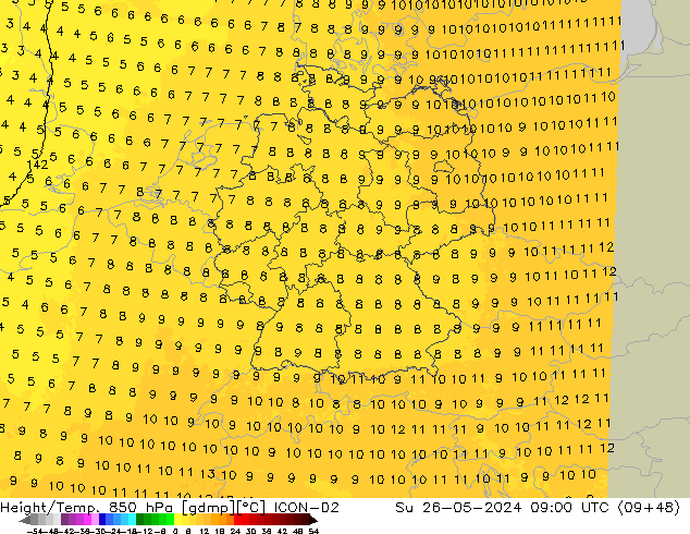 Height/Temp. 850 hPa ICON-D2 Ne 26.05.2024 09 UTC