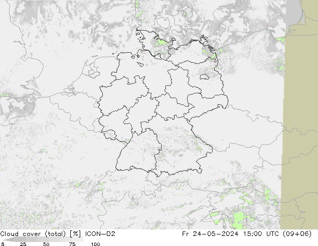 Cloud cover (total) ICON-D2 Fr 24.05.2024 15 UTC