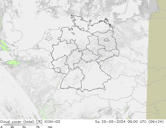 Cloud cover (total) ICON-D2 Sa 25.05.2024 09 UTC