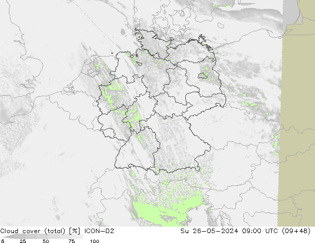 Nuages (total) ICON-D2 dim 26.05.2024 09 UTC