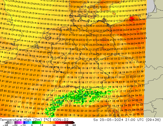 température 2m max ICON-D2 sam 25.05.2024 21 UTC