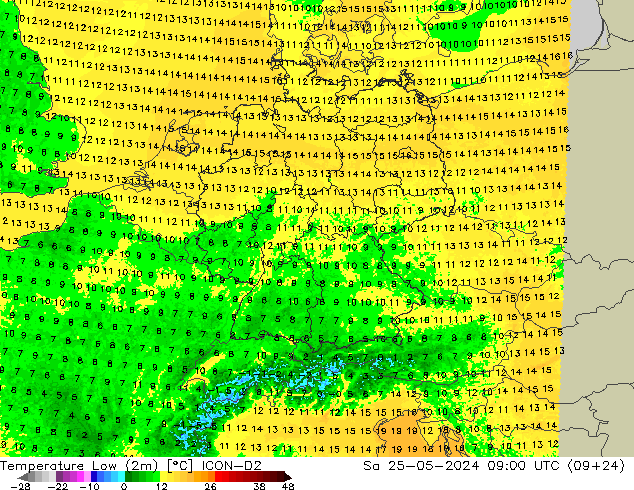 Min.temperatuur (2m) ICON-D2 za 25.05.2024 09 UTC