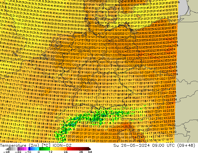 Temperature (2m) ICON-D2 Su 26.05.2024 09 UTC