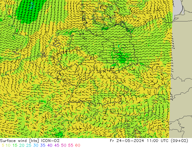 Rüzgar 10 m ICON-D2 Cu 24.05.2024 11 UTC