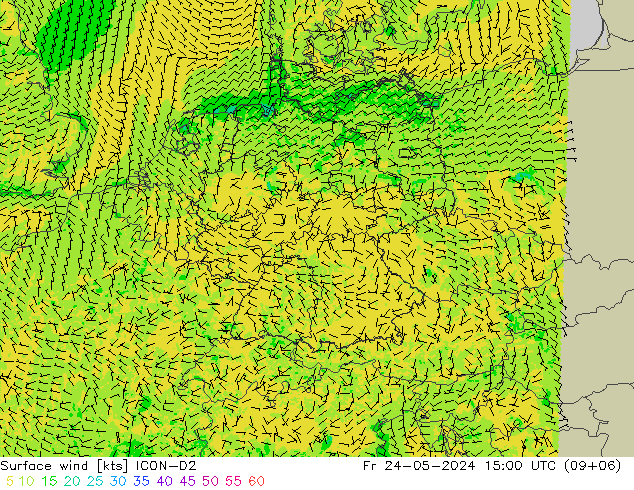 Surface wind ICON-D2 Pá 24.05.2024 15 UTC