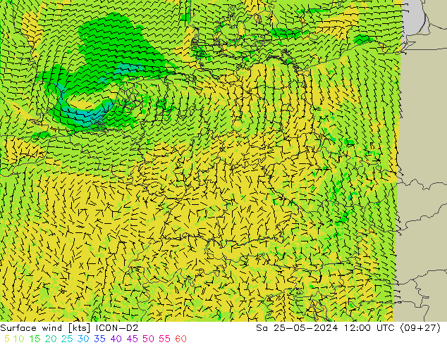 Vento 10 m ICON-D2 sab 25.05.2024 12 UTC