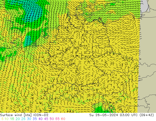 wiatr 10 m ICON-D2 nie. 26.05.2024 03 UTC