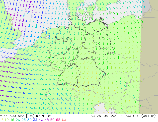 Wind 500 hPa ICON-D2 Su 26.05.2024 09 UTC