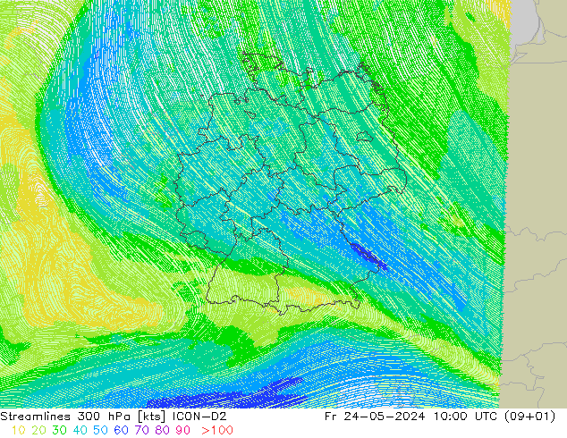 Rüzgar 300 hPa ICON-D2 Cu 24.05.2024 10 UTC